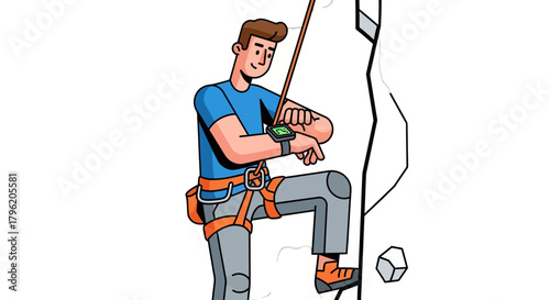 Adventurous Climber Checks Smartwatch During Ascent, Achieving Modern Outdoor Pursuits