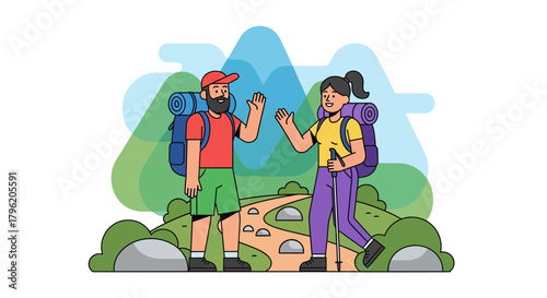 Adventurous Duo Hiking Together, Waving High on a Scenic Mountain Trail