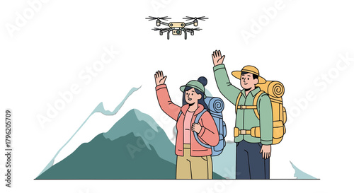 Adventurous Duo Welcoming A Drone While Hiking Amongst Mountains, Vector Illustration