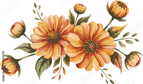 Floral arrangement of sunflowers and buds with yellow tone on transparent area