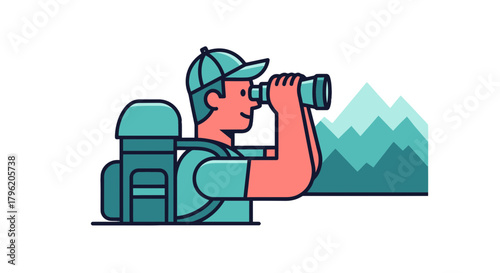 Adventurous Explorer Observing Mountain Range With Binoculars In Search Of Horizons