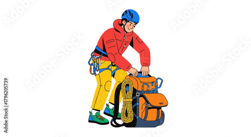 Adventurous Climber Prepares For Expedition With Backpack Equipment Ready For The Ascent
