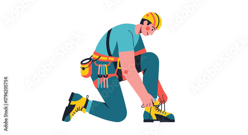 Adventurous Climber Prepares, Securing Boots, Readying for Mountain Ascent and Excitement