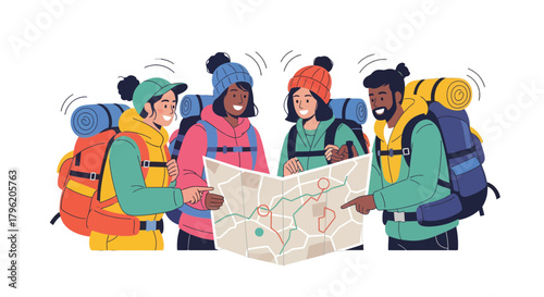 Adventurous Explorers Analyze Map And Begin A Journey With Backpacks And Enthusiasm