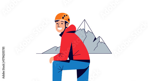 Adventurous Climber Resting After Reaching Mountain Peak With Background