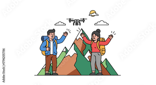 Adventurous Explorers Celebrating On Mountain With A Drone Capturing The Thrilling Experience