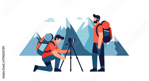 Adventurous Explorers Capturing Majestic Mountains With Photography Equipment at High Altitude