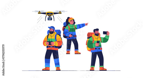 Adventurous Explorers Embarking Outdoors With Technological Drone on Their Expedition