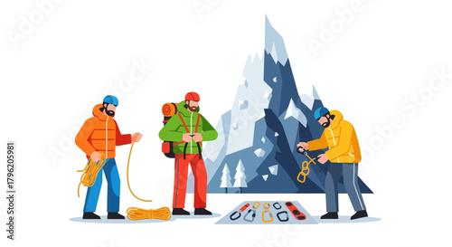 Adventurous Climbers Prepare To Ascend A Majestic Snowy Mountain Together