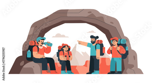 Adventurous Explorers Embarking Outdoors, Mountain Hike Journey of Discovery Illustration