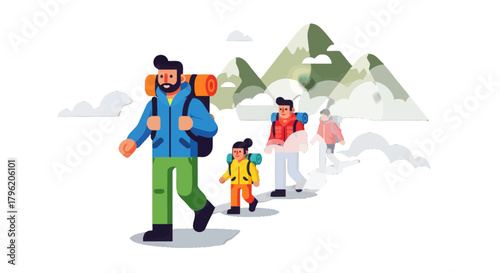 Adventurous Family Hiking Together on A Path Toward the Mountains Under Clouds