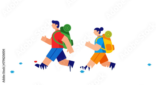 Adventurous Couple Backpacking Together Through Uncharted Territories Under The Night Sky