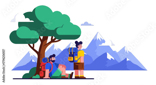 Adventurous Explorers Resting Under Shady Tree Observing Majestic Mountain Peaks