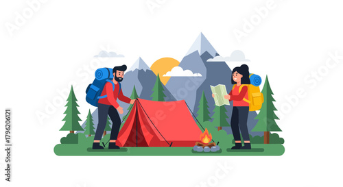 Adventurous Couple Camping: Exploring Mountains Under Warm Sunlight's Gaze