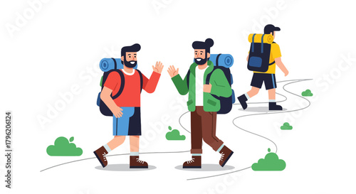 Adventurous Friends Hiking Together, Planning Trek Route, With Backpacks, Reaching the
