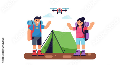 Adventurous Couple Camping With Drone Discovering Nature's Wonderful Scenery