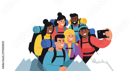 Adventurous Friends Taking a Selfie While Hiking Together in the Mountains