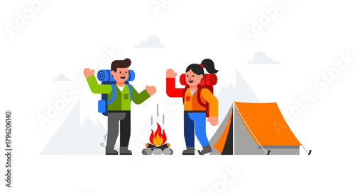 Adventurous Couple Camping Outdoors With A Tent And A Warm Campfire Under The Stars