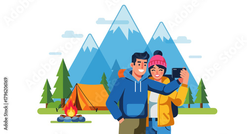 Adventurous Couple Camping With Spectacular Mountains And A Memorable Selfie