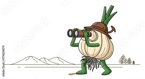 Adventurous Garlic Character Exploring The Wilderness, Seeking Discoveries and Views