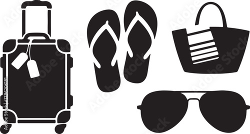 Suitcase flip flops beach bag and sunglasses travel accessories silhouette collection