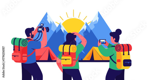 Adventurous Group Capturing Mountain Views, Camping and Hiking in Wonderful Sunlight