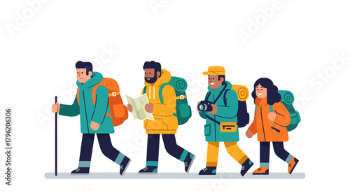Adventurous Group Hiking Together Exploring Nature With Backpacks And Maps Adventure Concept
