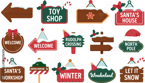 Cartoon christmas holiday santa claus signs arrows pointers winter wonderland collection