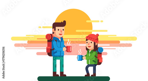 Adventurous Couple Enjoying Warm Beverages, Watching Sunrise After Hiking Adventure