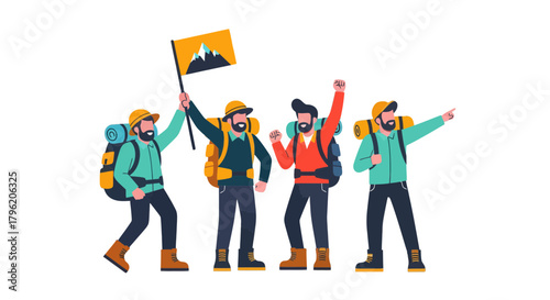 Adventurous Group Of Hikers Celebrating Success After Mountain Peak Ascent