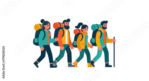 Adventurous Group Of Hikers Hiking Into The Horizon With Backpacks And Smiles