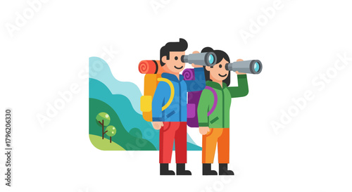 Adventurous Couple Exploring A Scenic Landscape With Binoculars For Wonderful Views