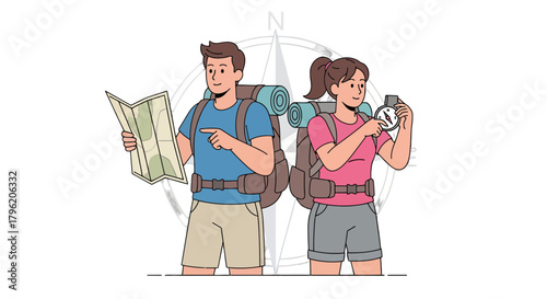 Adventurous Couple Exploring With Map And Compass, Ready For Outdoor Exploration Planning Direction