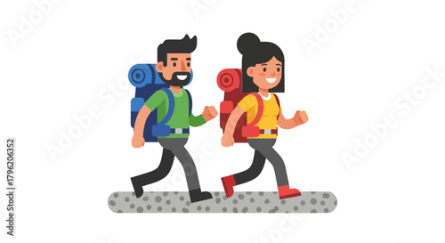 Adventurous Couple In Animated Style Hiking Together On A Textured Pathway