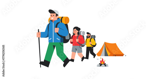 Adventurous Group Of Hikers Journeying Towards Campsite Illustration In Nighttime