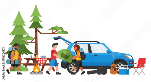 Adventurous Group Preparing For Camping Trip And Embracing Nature's Serenity