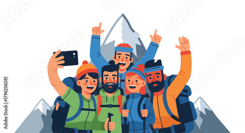 Adventurous Group Of People Celebrating Success Atop A Mountain Peak