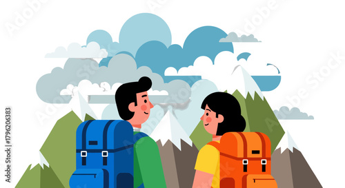 Adventurous Couple In Front Of Majestic Mountains And Picturesque Sky In Graphic Style