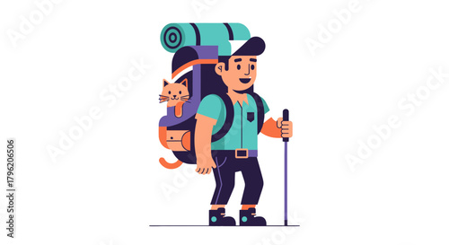 Adventurous Hiker Carries Cat on Fun Hiking Journey and Explores Nature Outdoors