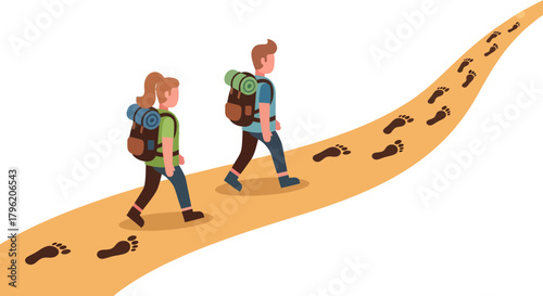 Adventurous Couple Traversing a Path, Leaving Footprints, Journey Illustration