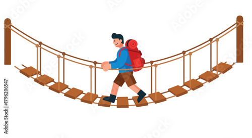 Adventurous Hiker Crossing a Rope Bridge with Scenic Mountain Background Illustration