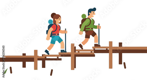 Adventurous Couple Traversing a Wooden Bridge During a Mountain Hiking Expedition Adventure