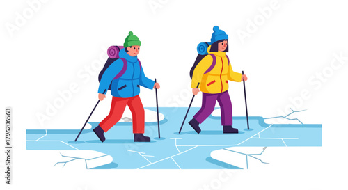 Adventurous Couple Traversing Icy Terrain With Trekking Poles and Backpacks