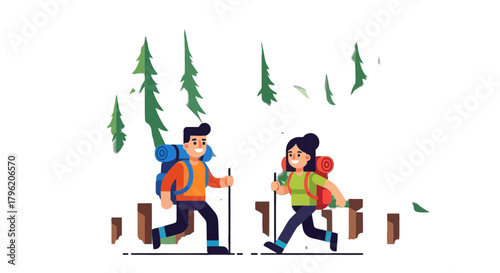 Adventurous Couple Traversing Forest Trail with Backpacks and Hiking Poles Depicted In Illustration