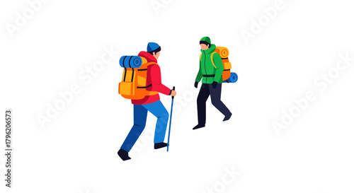 Adventurous Hiker Duo Exploring Outdoor Scenery in Illustrated Vector Style