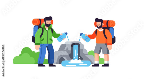 Adventurous Hiker Duo Refreshing With Pure Water Near Waterfall In Nature