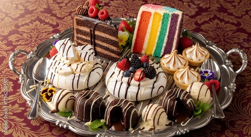 Decorative Assorted Cakes and Pastries on Silver Tray in Elegant Setting