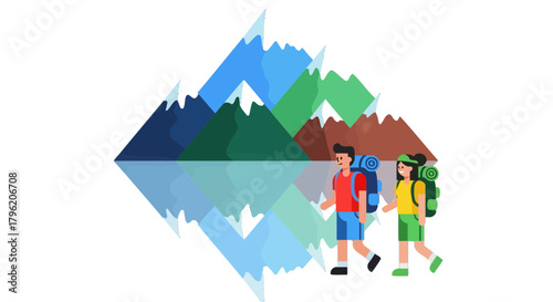 Adventurous Couple Trekking Through Majestic Mountains with Reflective Lake and Dark Background