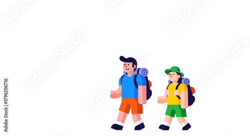 Adventurous Couple Trekking Through Nature With Backpacks Depicted In Vibrant Style