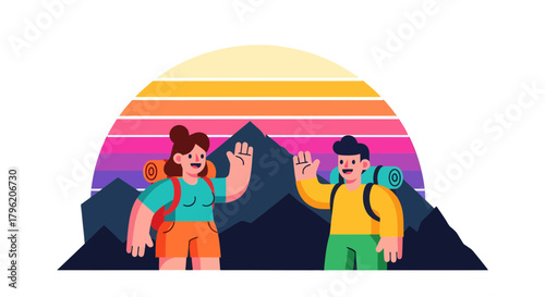 Adventurous Couple Waves Hello Against a Vibrant Sunset Backdrop Hiking Together